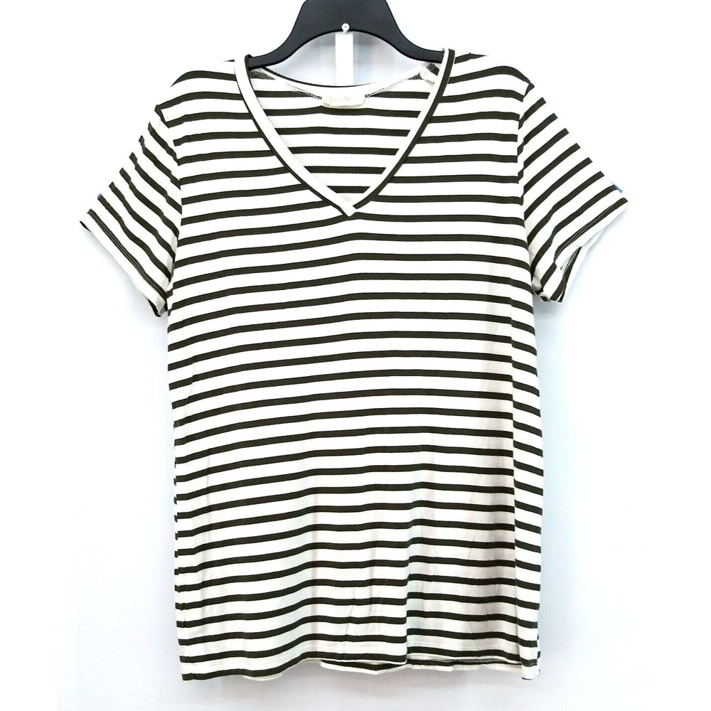 August Blue Shirt Womens Medium Black Striped Short Sleeve V-Neck Blouse